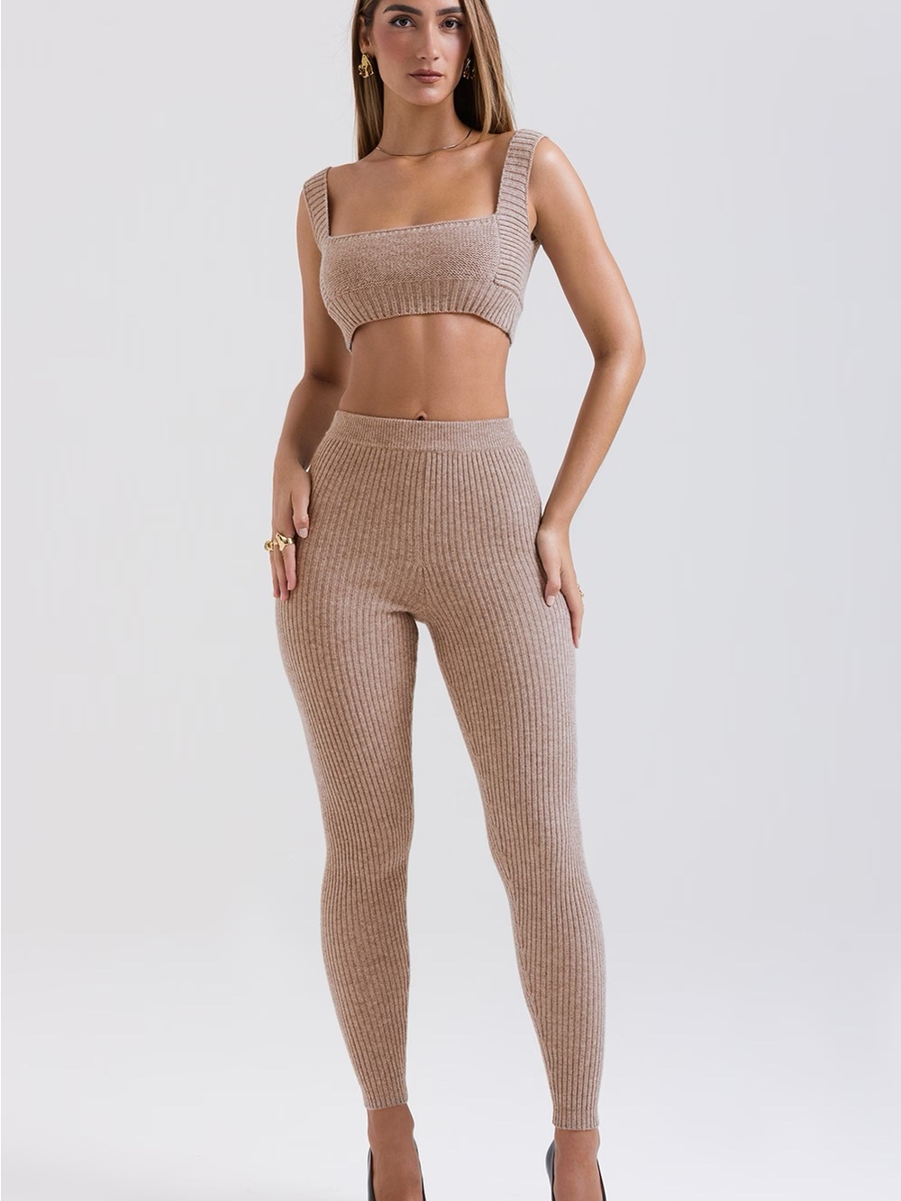 JLUXLABEL Ribbed Knit High-Waist Leggings & Crop Top — Tan